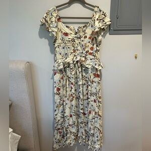 Nordstrom Cream Floral Ruffle Midi Dress with Red & Orange Accents